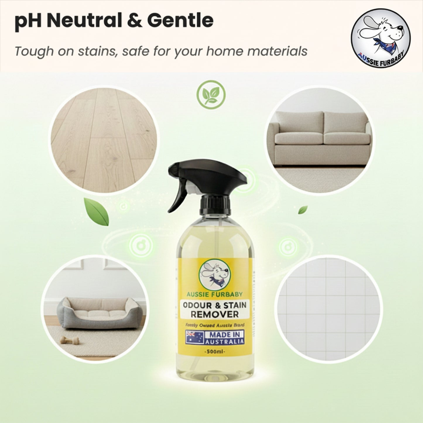 Bottle of Odour & Stain Remover with images of surfaces it can be used on and text about its properties.