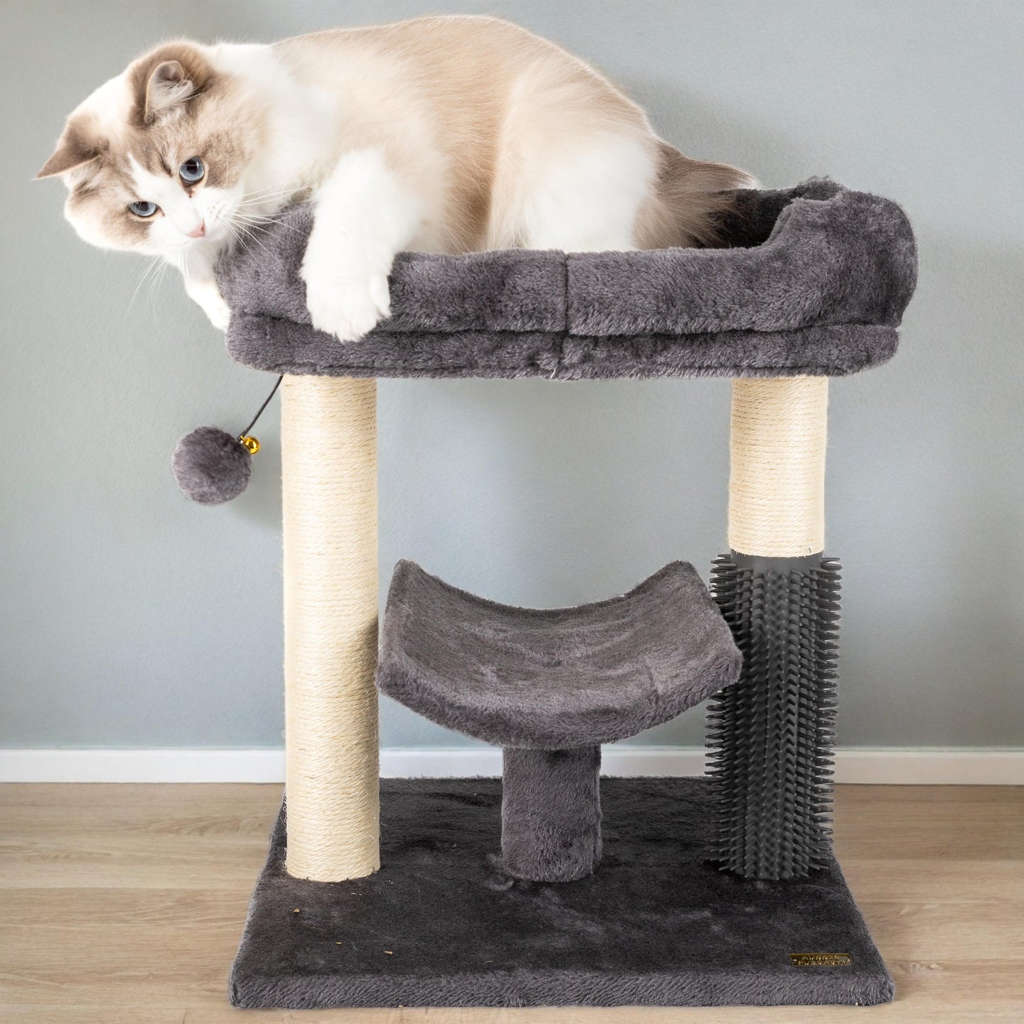 Cat sitting on a gray cat tree with a plain background