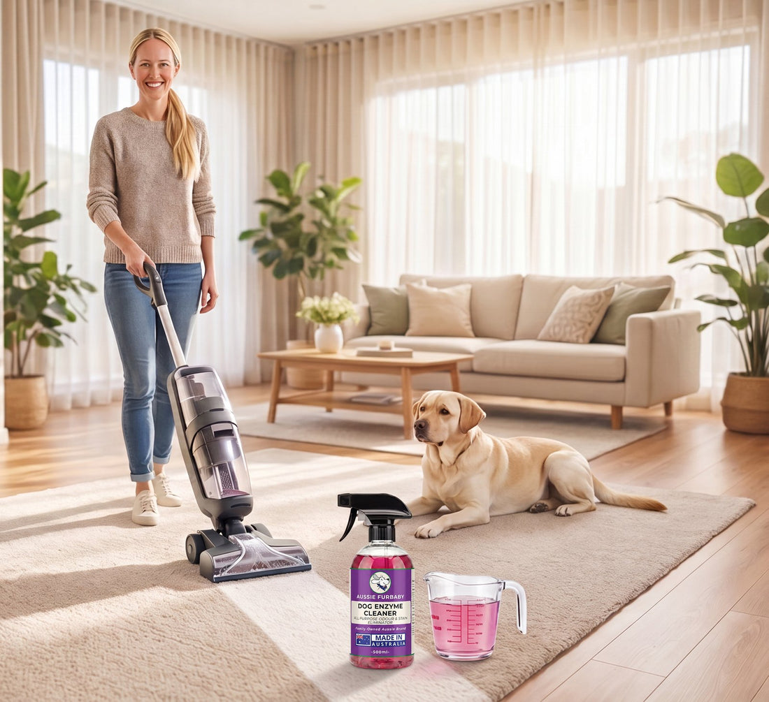 A carpet cleaning machine mid-pass on a cream rug, with the Purple dog enzyme cleaner and a jug of diluted solution beside it and a Labrador watching