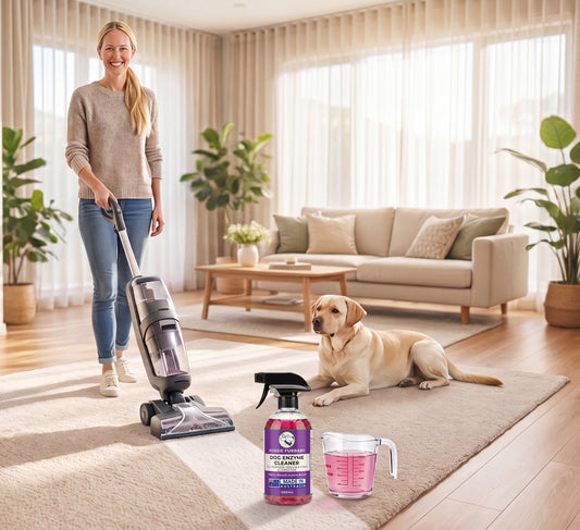 A carpet cleaning machine mid-pass on a cream rug, with the Purple dog enzyme cleaner and a jug of diluted solution beside it and a Labrador watching