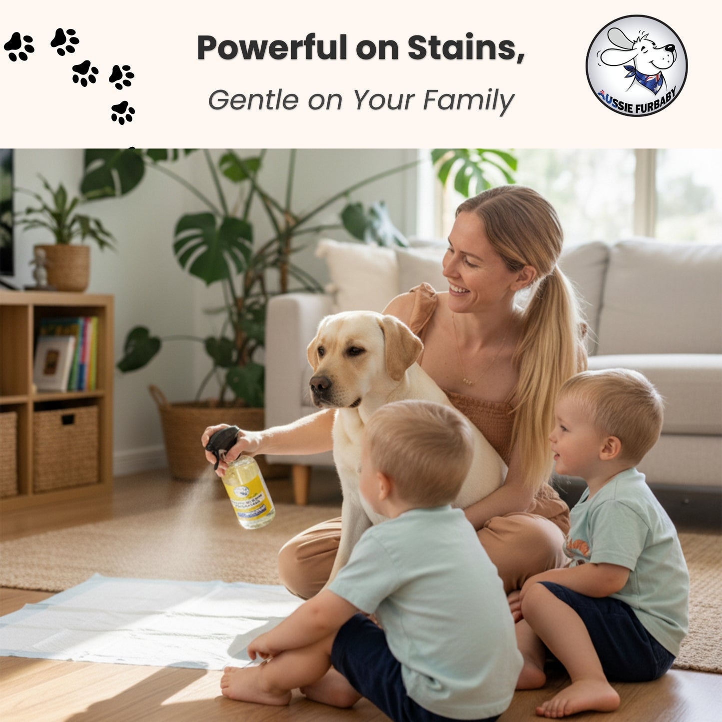 Woman spraying Aussie Furbaby Odour Remover on carpet with Labrador dog