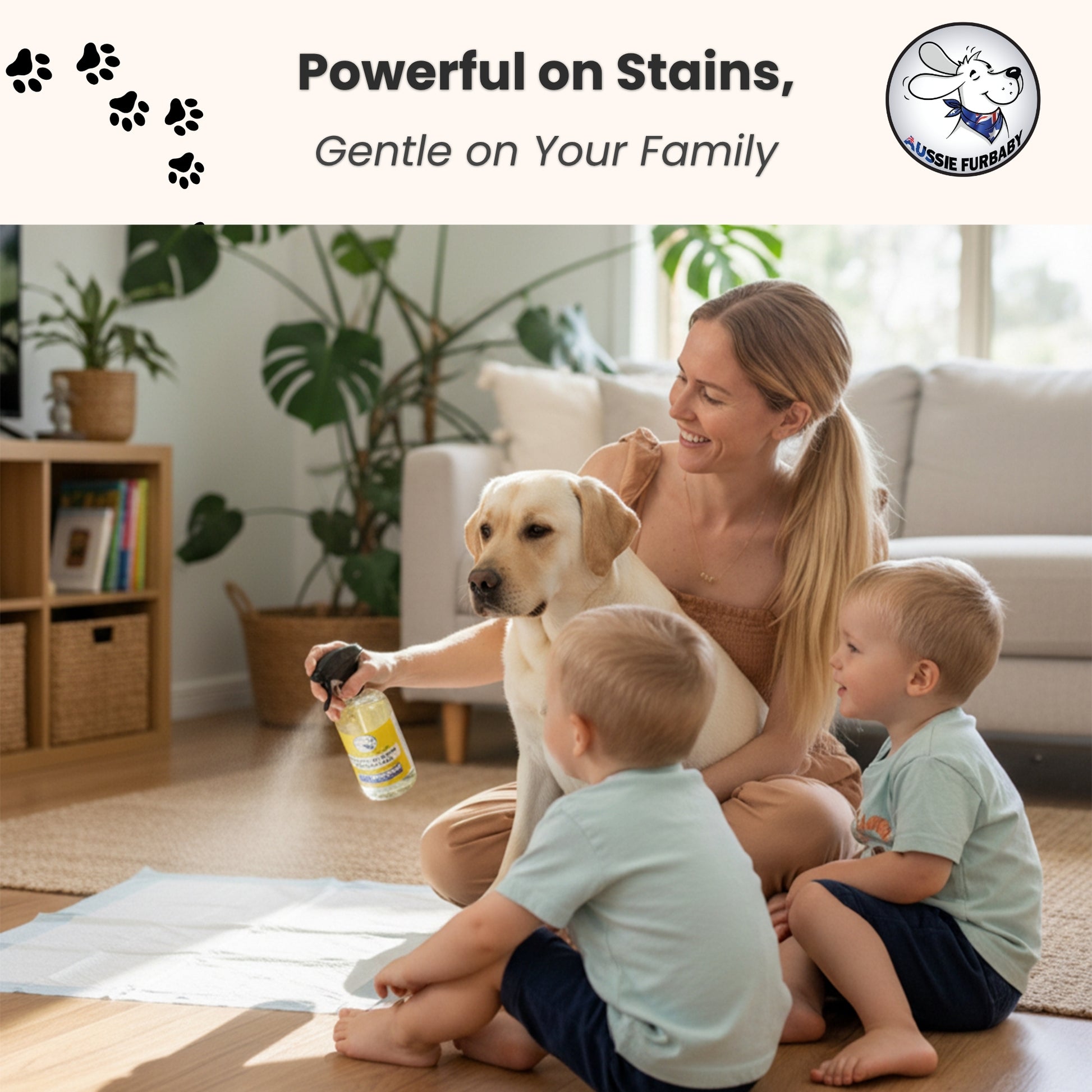 Woman spraying Aussie Furbaby Odour Remover on carpet with Labrador dog