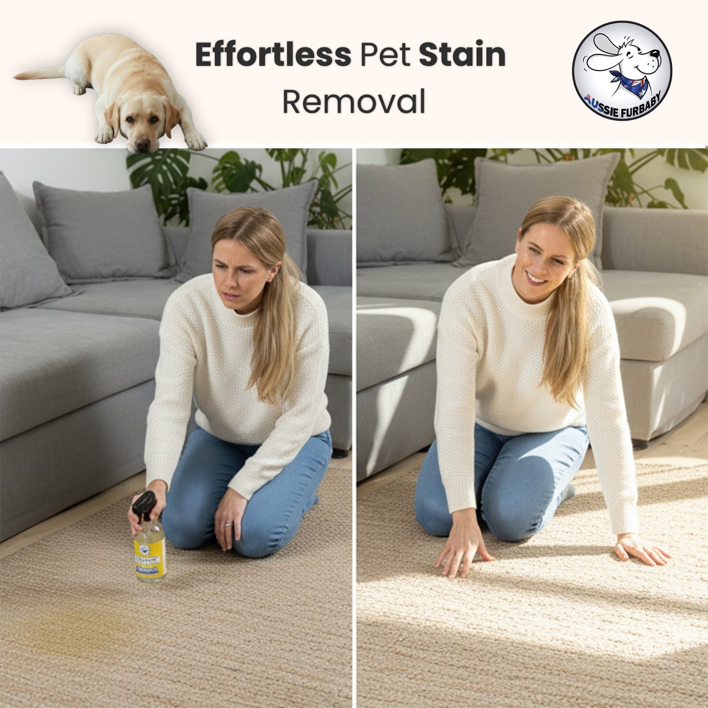 Woman using a product to remove pet stain from carpet with 'Effortless Pet Stain Removal' text and Aussie Furever logo.