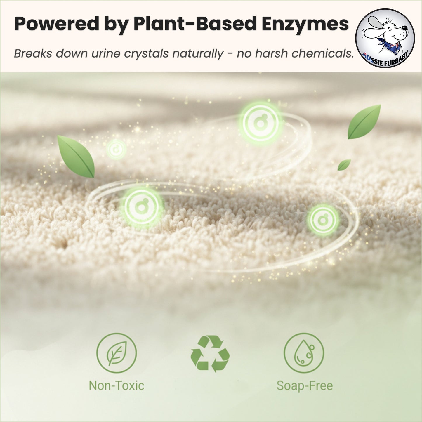 Product packaging with plant-based enzymes text and green leaf icons on a beige background