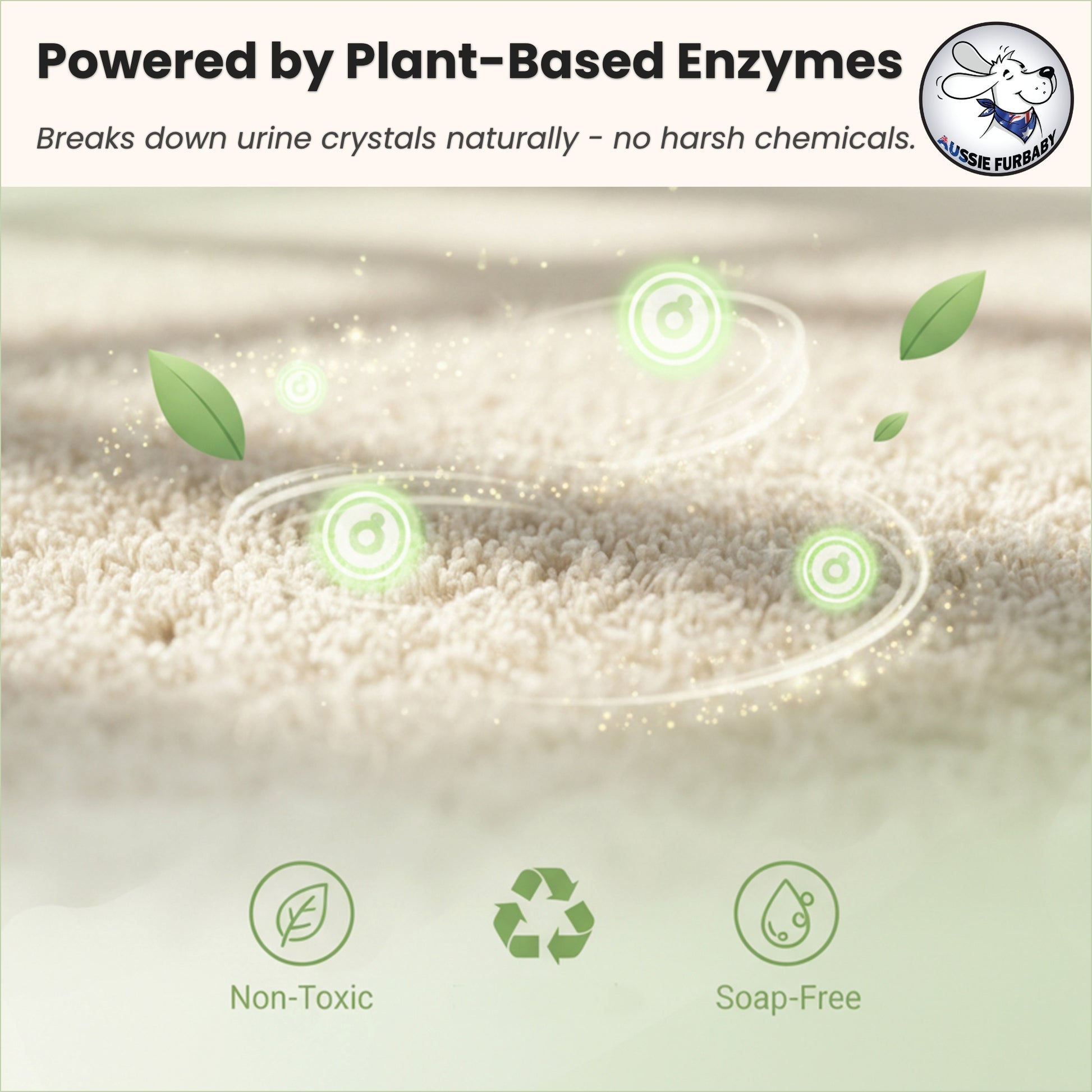 Product packaging with plant-based enzymes text and green leaf icons on a beige background