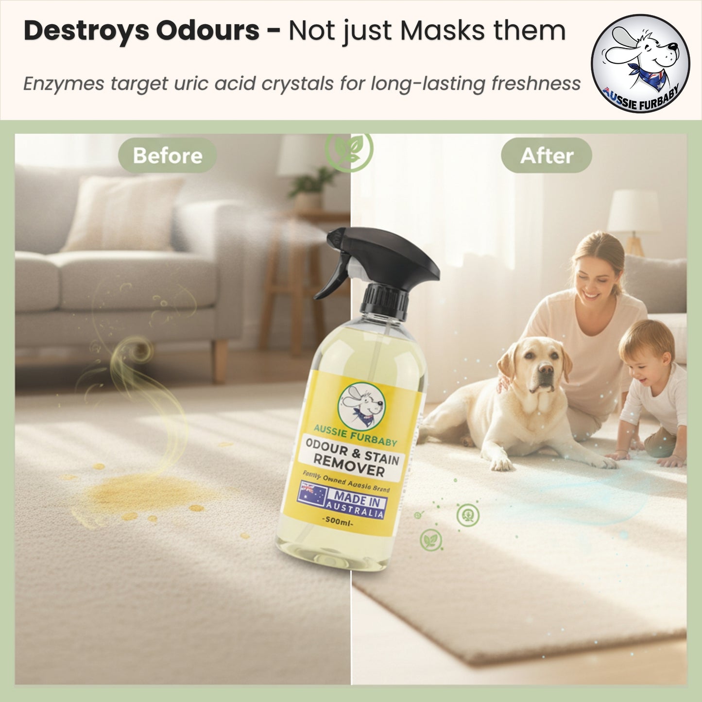 Bio-enzyme pet odour remover safe for dogs and cats – Aussie Furbaby brand
