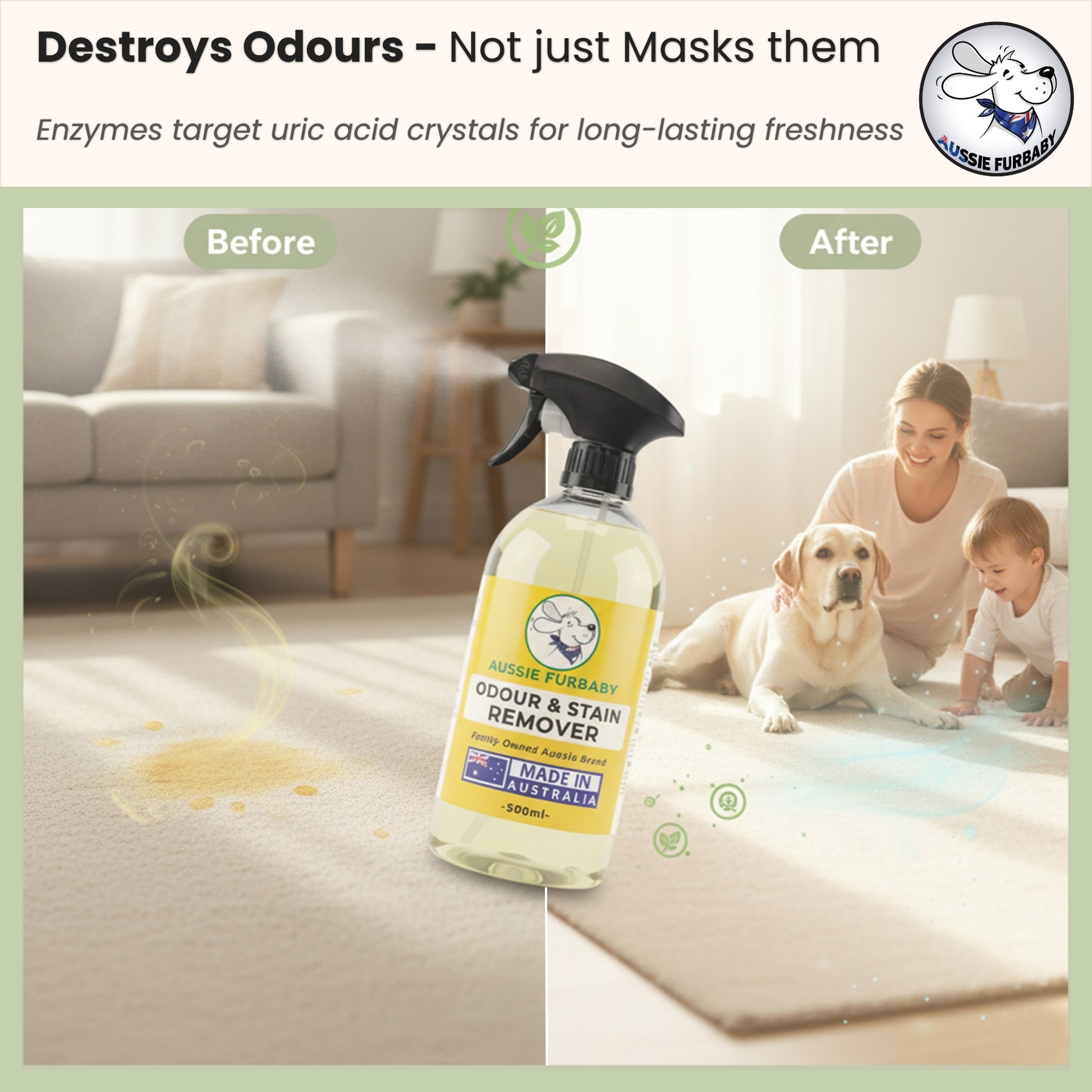 Bio-enzyme pet odour remover safe for dogs and cats – Aussie Furbaby brand