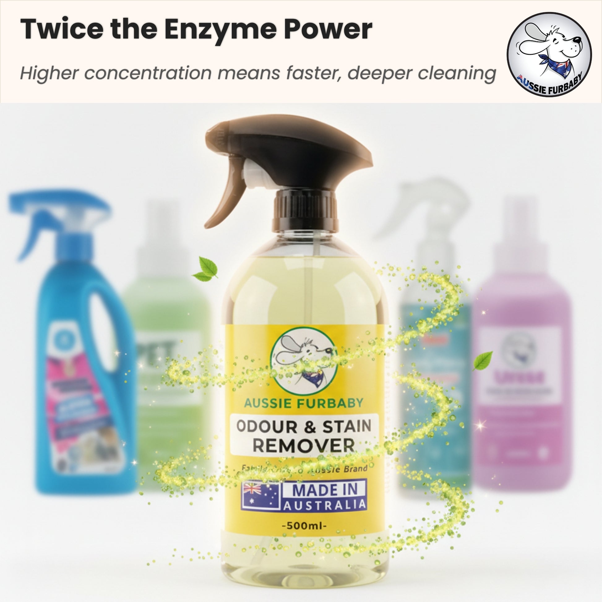 Aussie Furbaby Odour & Stain Remover bottle with other products in the background, emphasizing enzyme power and cleaning effectiveness.