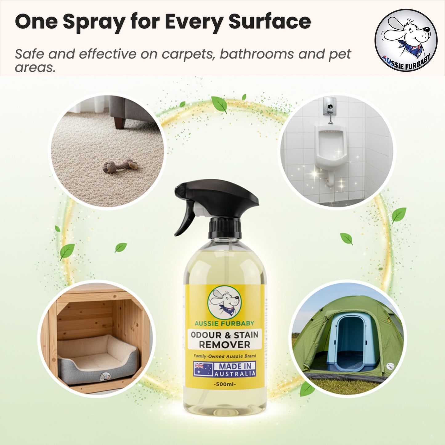 Odour and stain remover spray bottle with application scenarios on surfaces.