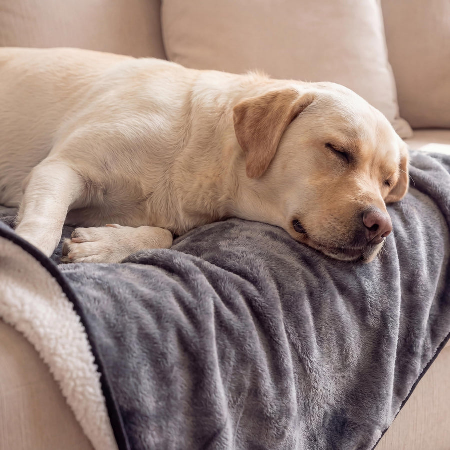 The grey sherpa blanket over a couch