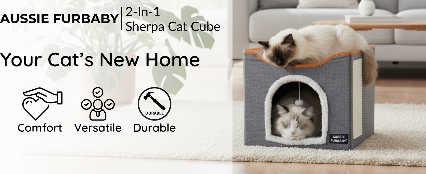Aussie Furbaby 2-in-1 Foldable Indoor Cat Bed & Scratching Cube – Soft Cat Cave, Scratcher & Perch in One!