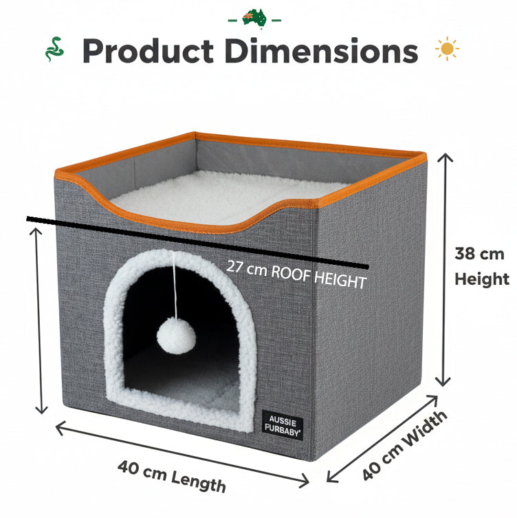 Product dimensions of a pet bed with gray and orange design.