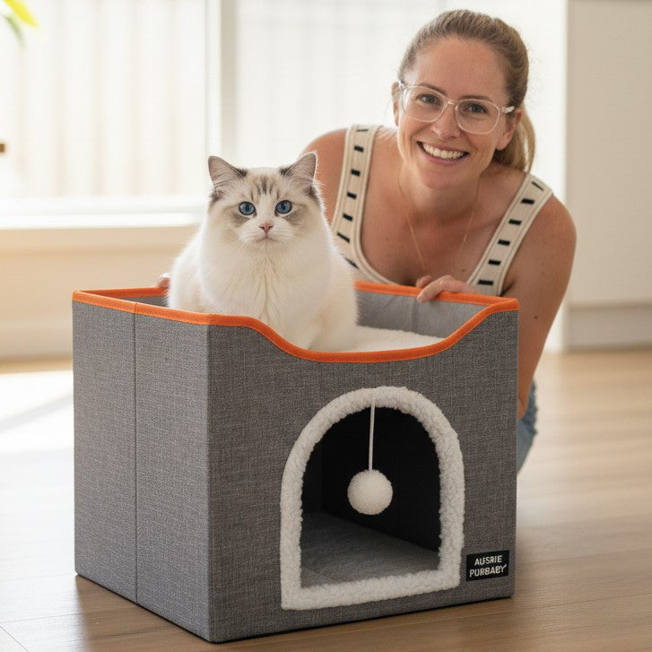Aussie Furbaby 2-in-1 Foldable Indoor Cat Bed & Scratching Cube – Soft Cat Cave, Scratcher & Perch in One!