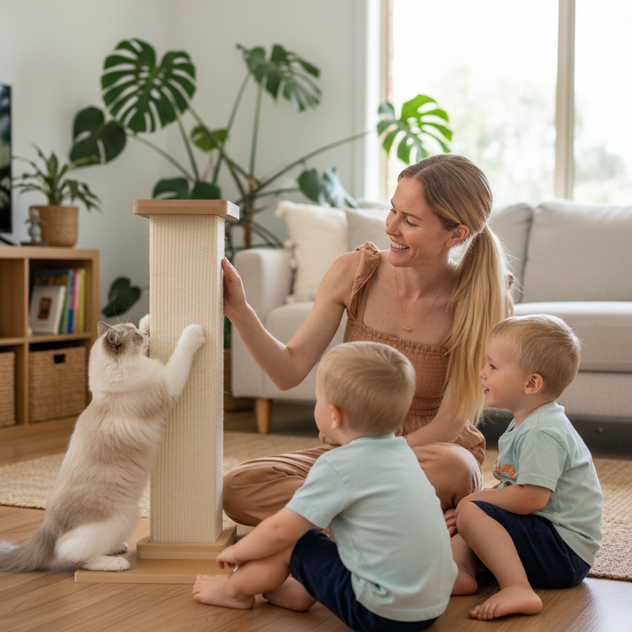 Woman and two children playing with a cat on a scratching post in a living room.