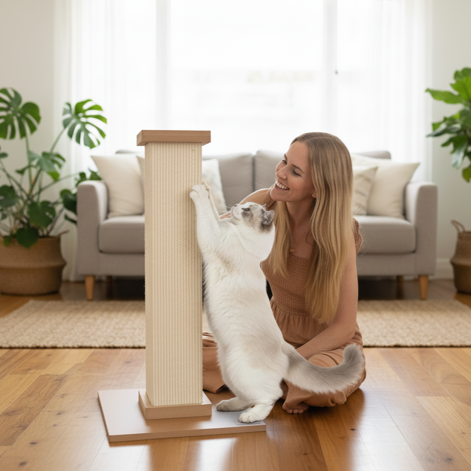 Woman playing with a cat on a wooden scratching post in a living room.