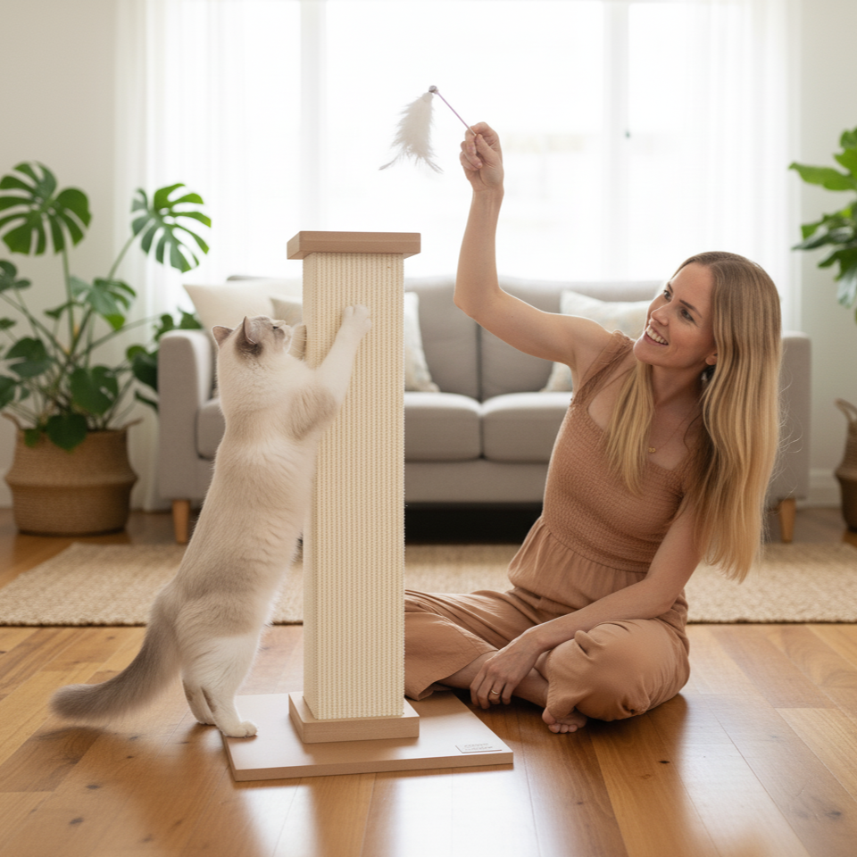 Woman playing with a cat using a feather toy on a wooden post in a living room.