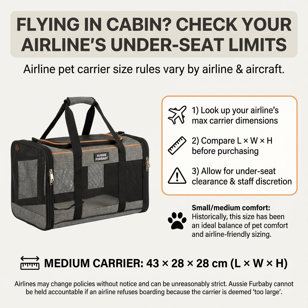 Pet carrier with airline pet carrier size rules text on a white background