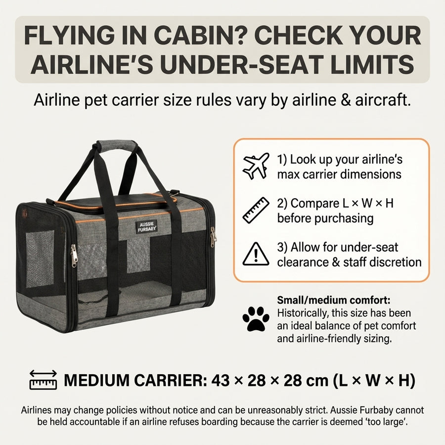 Pet carrier with airline pet carrier size rules text on a white background