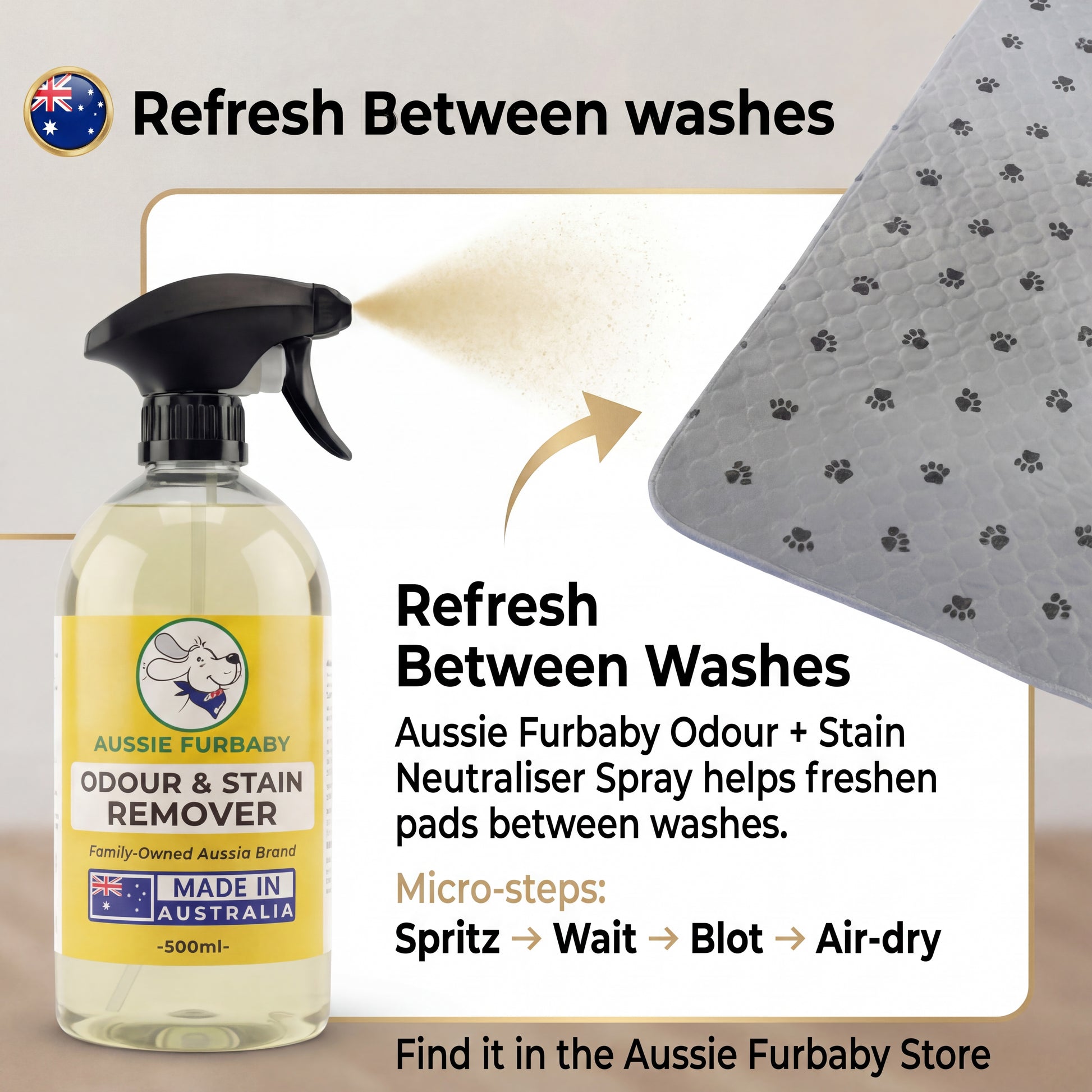Aussie Furbaby Odour & Stain Neutraliser Spray with a pet mat on a beige background.