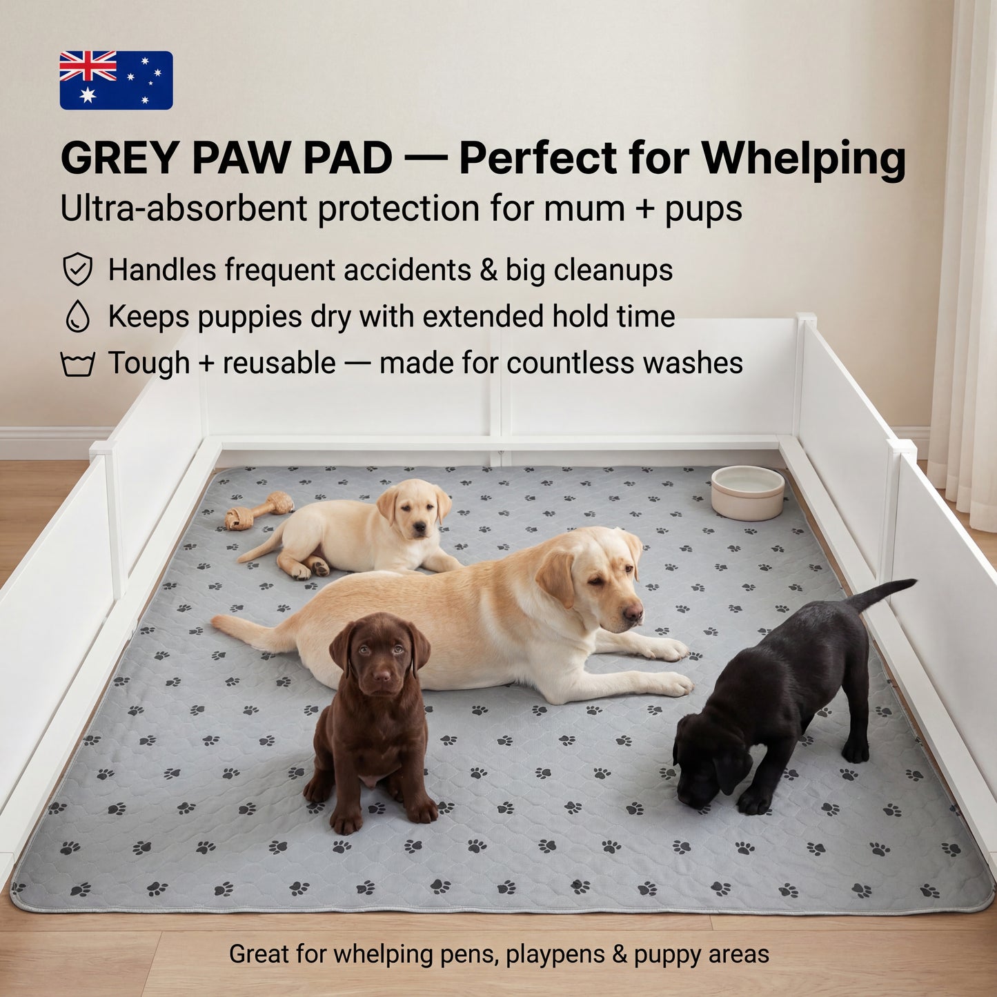 Aussie Furbaby Washable Puppy Pads XXL – Reusable Dog Pee Pads, Absorbent Leakproof Training Pad, Grey Paw Print