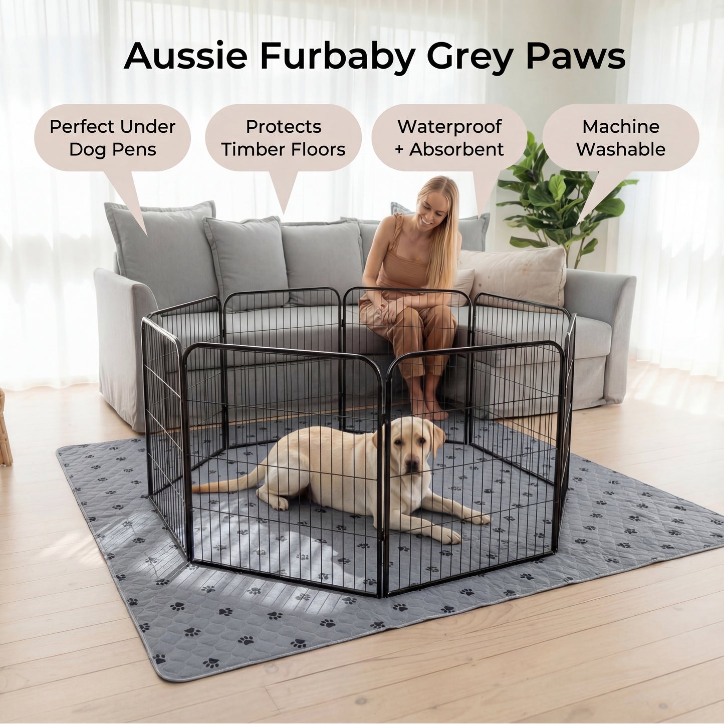 Aussie Furbaby Washable Puppy Pads XXL – Reusable Dog Pee Pads, Absorbent Leakproof Training Pad, Grey Paw Print