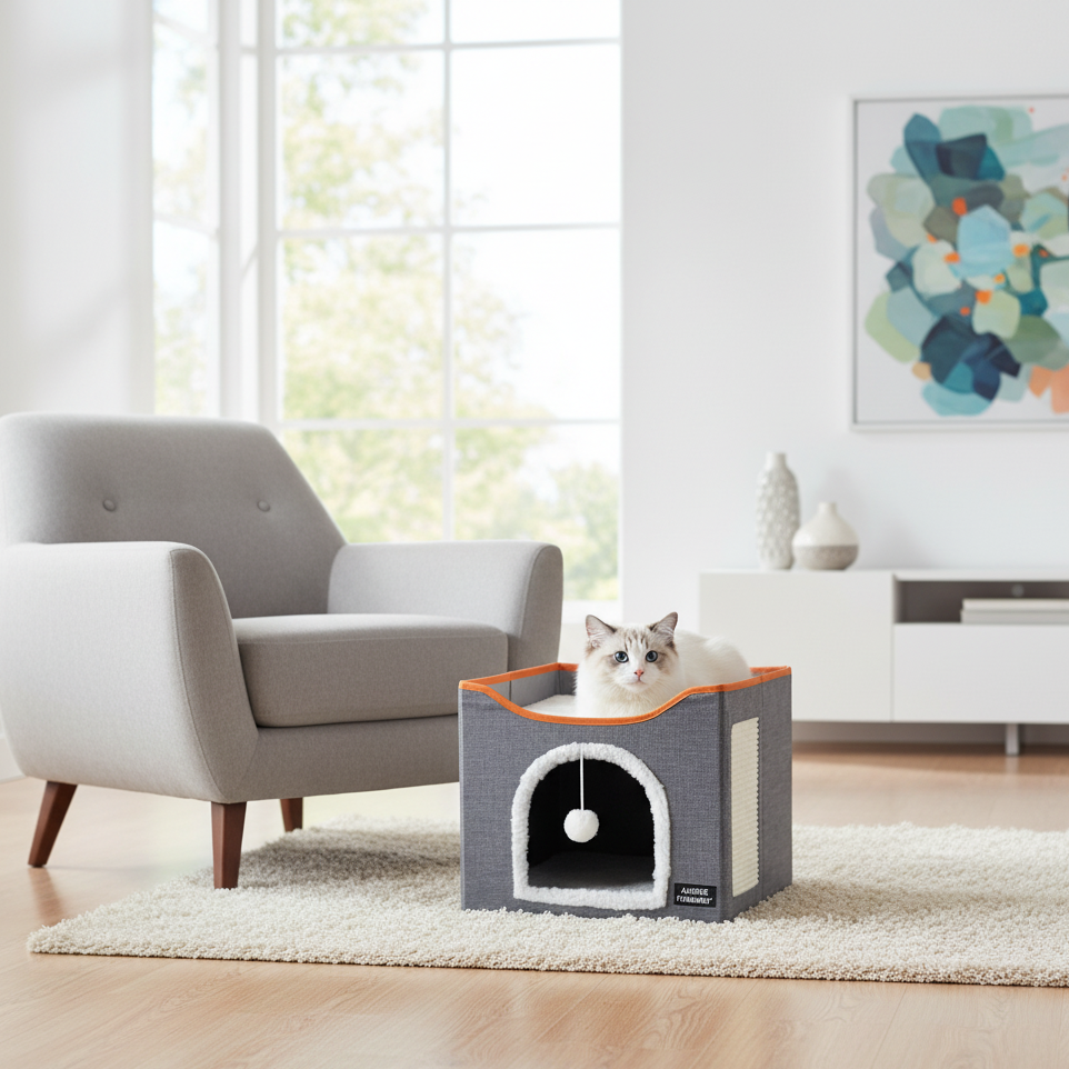 Aussie Furbaby 2-in-1 Foldable Indoor Cat Bed & Scratching Cube – Soft Cat Cave, Scratcher & Perch in One!