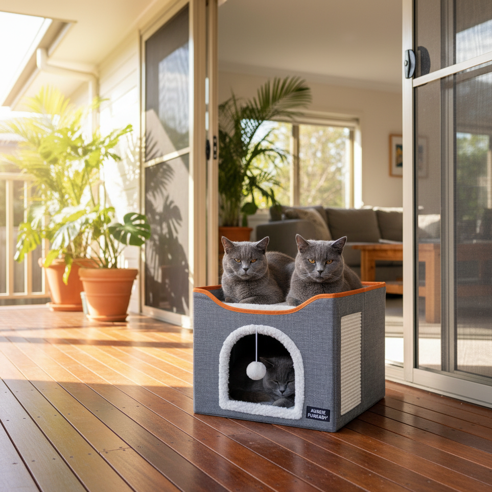 Aussie Furbaby 2-in-1 Foldable Indoor Cat Bed & Scratching Cube – Soft Cat Cave, Scratcher & Perch in One!