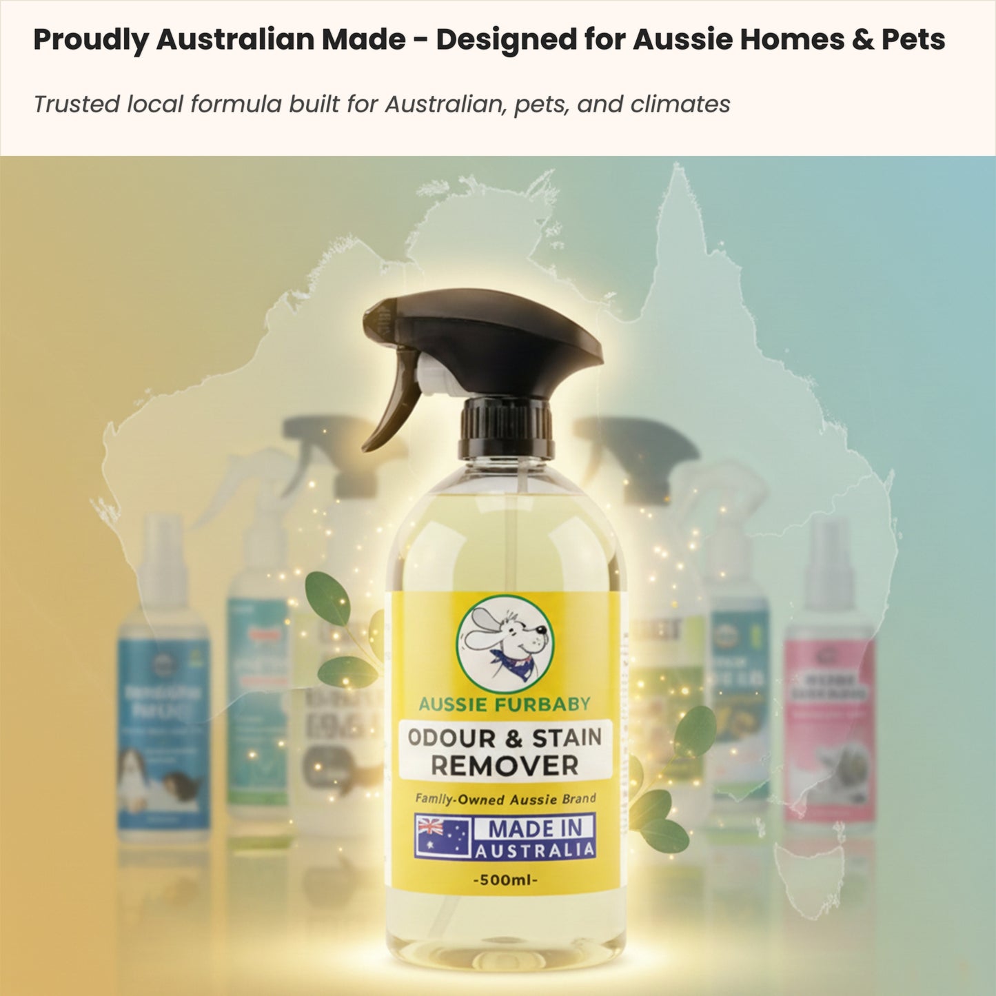 Aussie Furbaby Odour & Stain Remover bottle with other products on a gradient background
