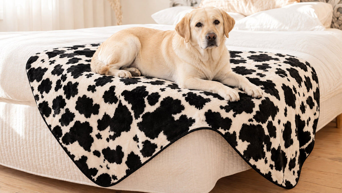Lottie the yellow Labrador lying on the Aussie Furbaby cow print waterproof blanket over the foot of a bed