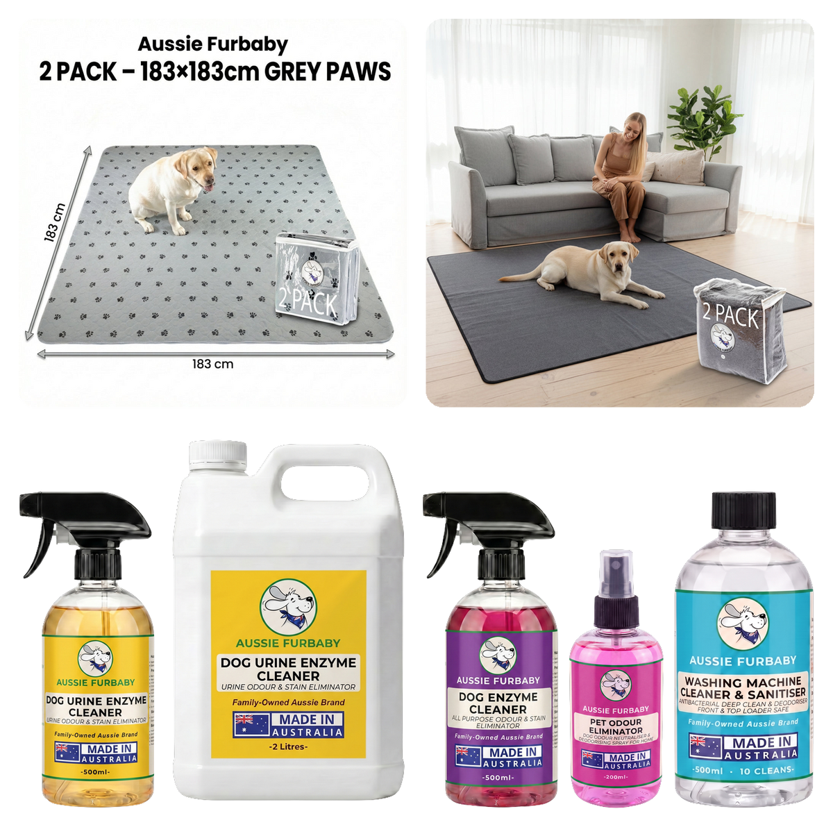 The Complete Kit for Dogs: Grey Paws and Grey Soft 183 × 183 cm 2 Packs, Yellow 500 mL, Yellow 2 L refill, Purple 500 mL, Pink 200 mL and washing machine cleaner 500 mL