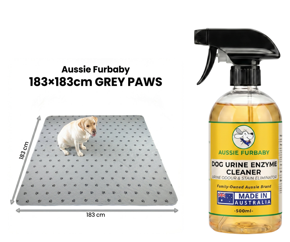 The Puppy Starter Pack: the 183 × 183 cm Grey Paws washable pad and the yellow 500 mL spray