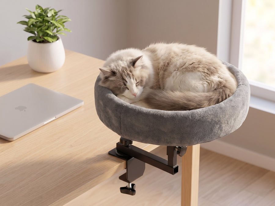 A cat curled up asleep in the Cat Desk Bed beside a desk