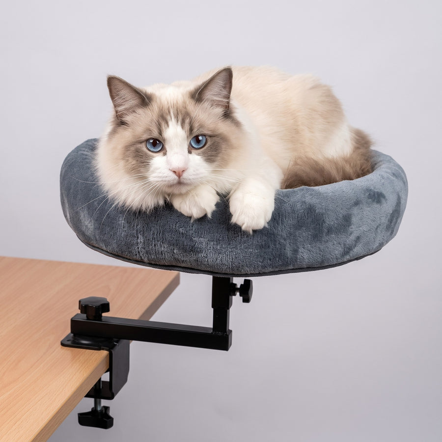 Aussie Furbaby Cat Desk Bed in grey with a cat lying in it