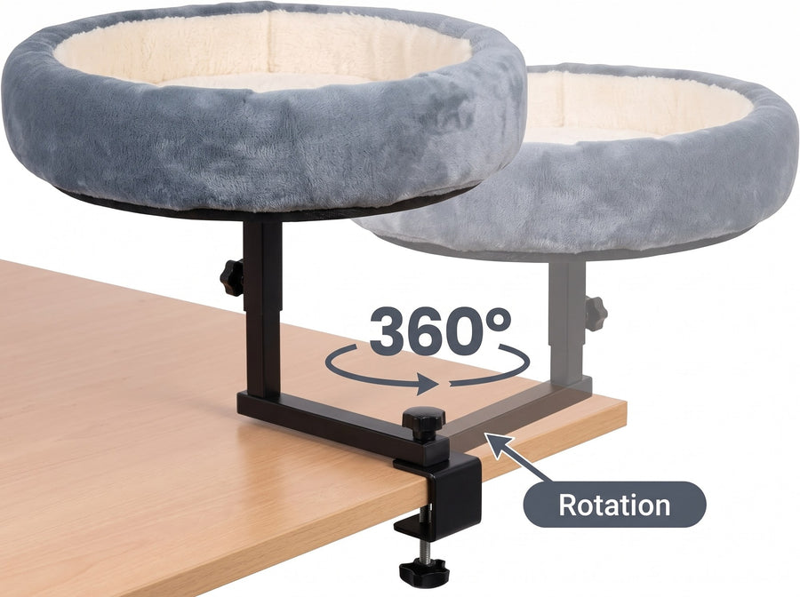 Diagram showing the Cat Desk Bed rotating 360 degrees on its arm