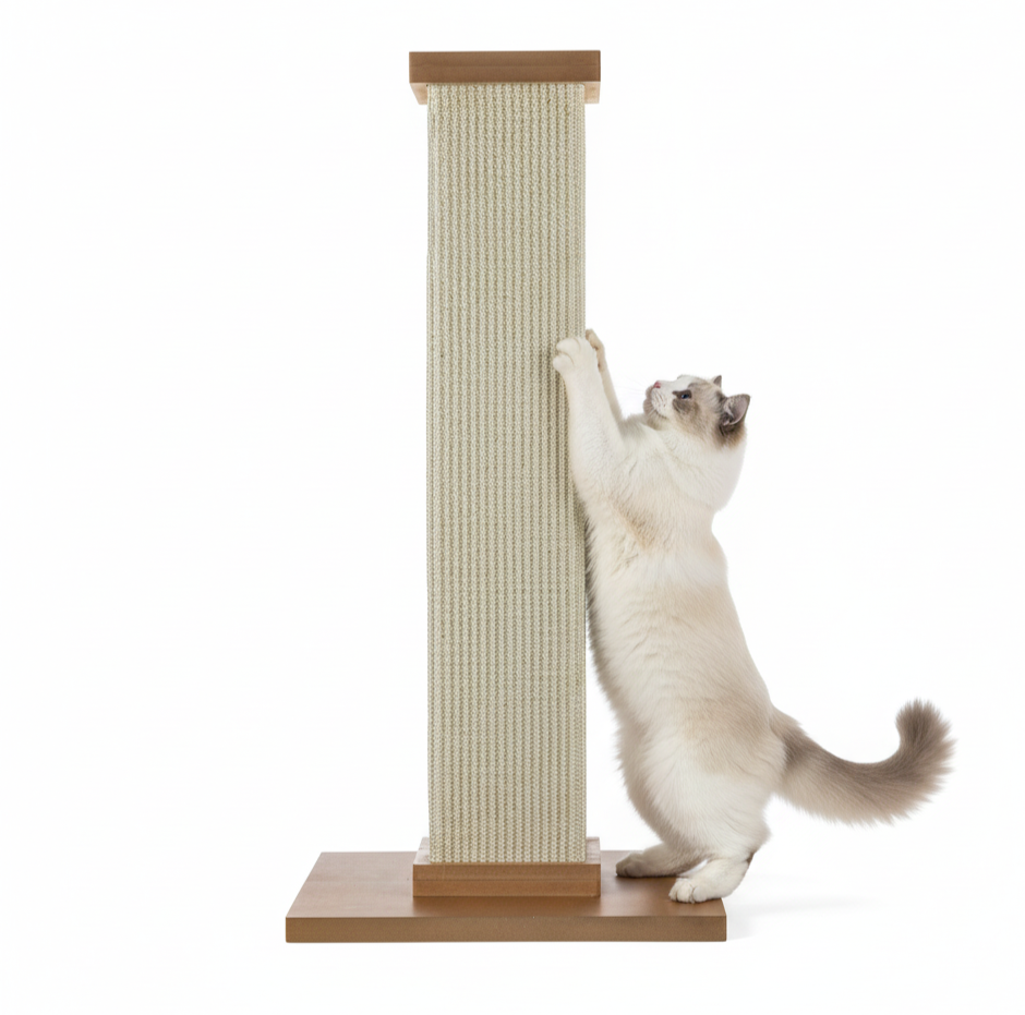 White ragdoll cat perched on a tall sisal cat scratching tower in a bright Australian living room, with a smiling woman sitting beside it.