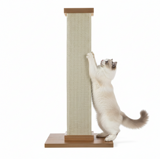 White ragdoll cat perched on a tall sisal cat scratching tower in a bright Australian living room, with a smiling woman sitting beside it.