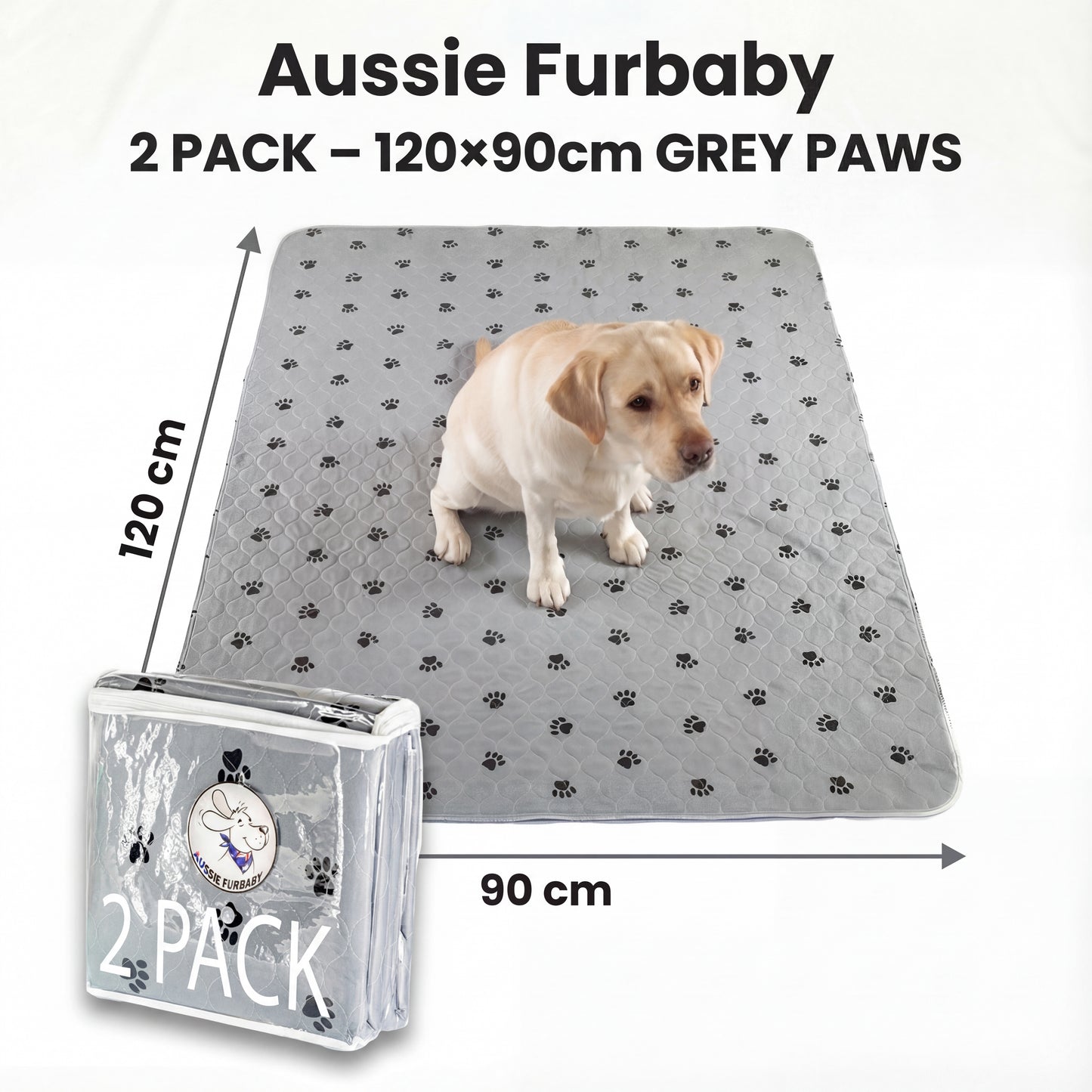 Aussie Furbaby Washable Puppy Pads XXL – Reusable Dog Pee Pads, Absorbent Leakproof Training Pad, Grey Paw Print
